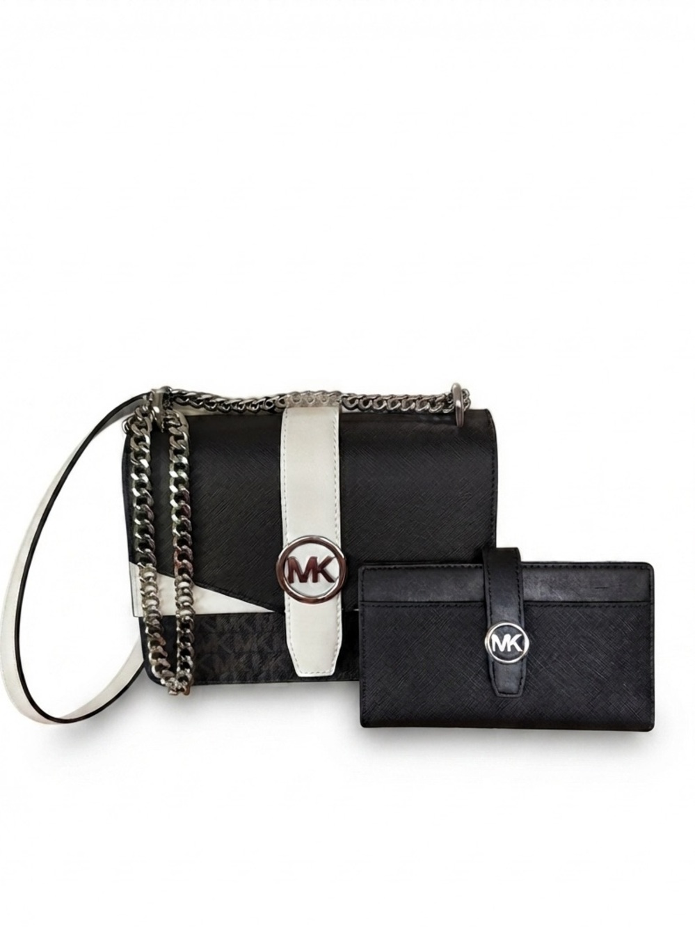 Michael Kors Greenwich Crossbody Multi Black & Leather Wallet Set, in gift Box
